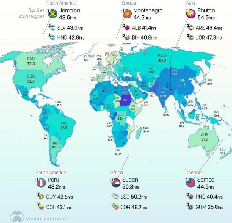 Ile godzin rocznie pracuje średnio mieszkaniec danego kraju na świecie, 2025