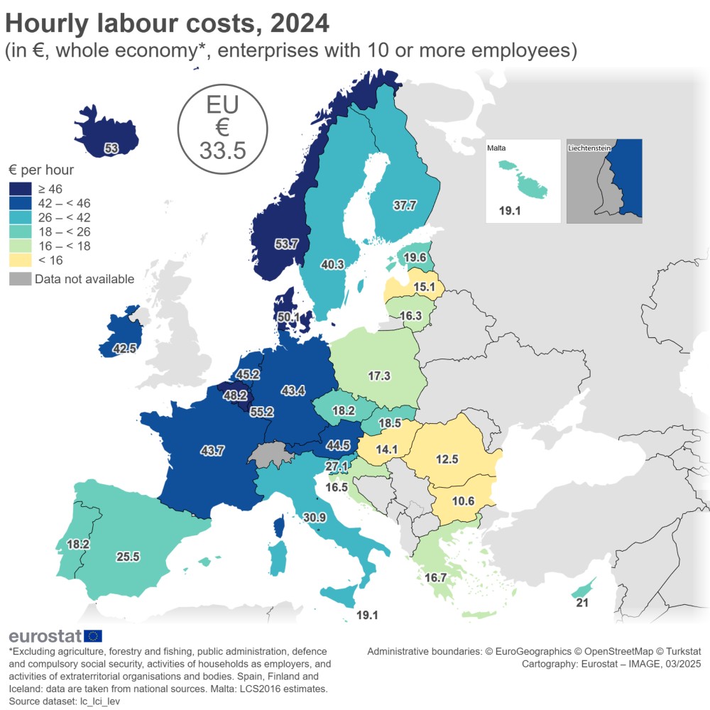 Średnie godzinowe koszty pracy w krajach Unii (EU), 2024