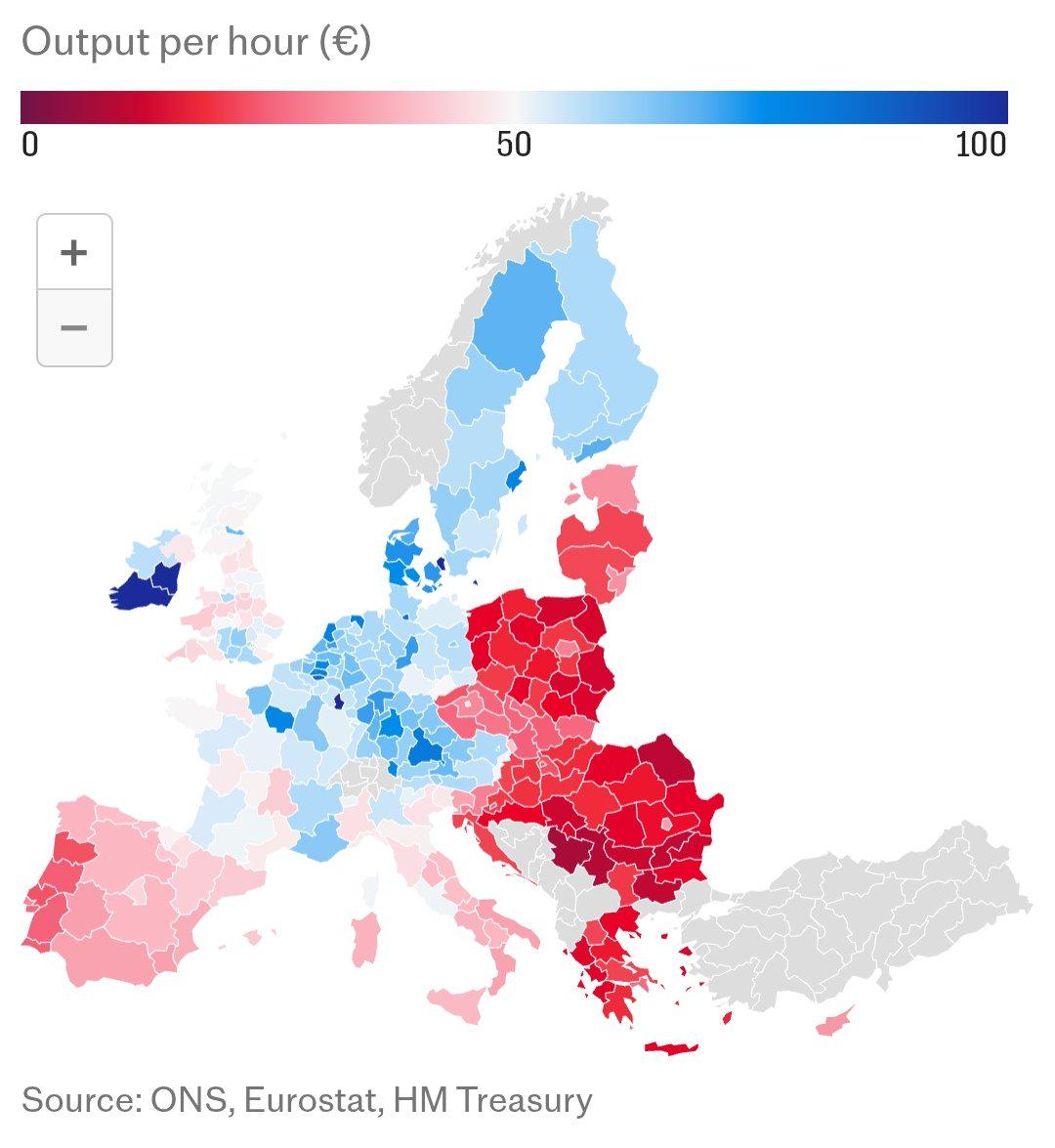 Poziom wydajności pracy w Europie według regionów na październik 2025 r.