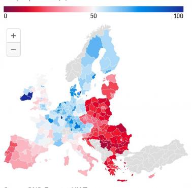 Poziom wydajności pracy w Europie według regionów na październik 2025 r.