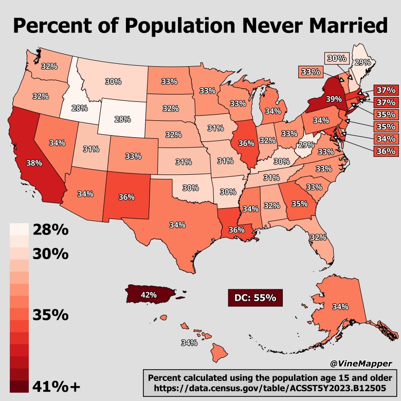 Odsetek ludności, która nigdy nie zawarła związku małżeńskiego w USA z podziałem na stany, 2023