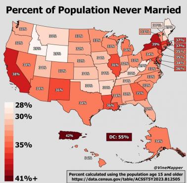 Odsetek ludności, która nigdy nie zawarła związku małżeńskiego w USA z podziałem na stany, 2023