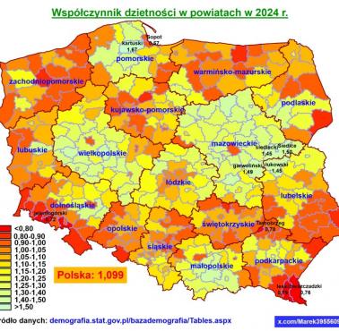 Współczynnik dzietności w Polsce z podziałem na powiaty, 2024