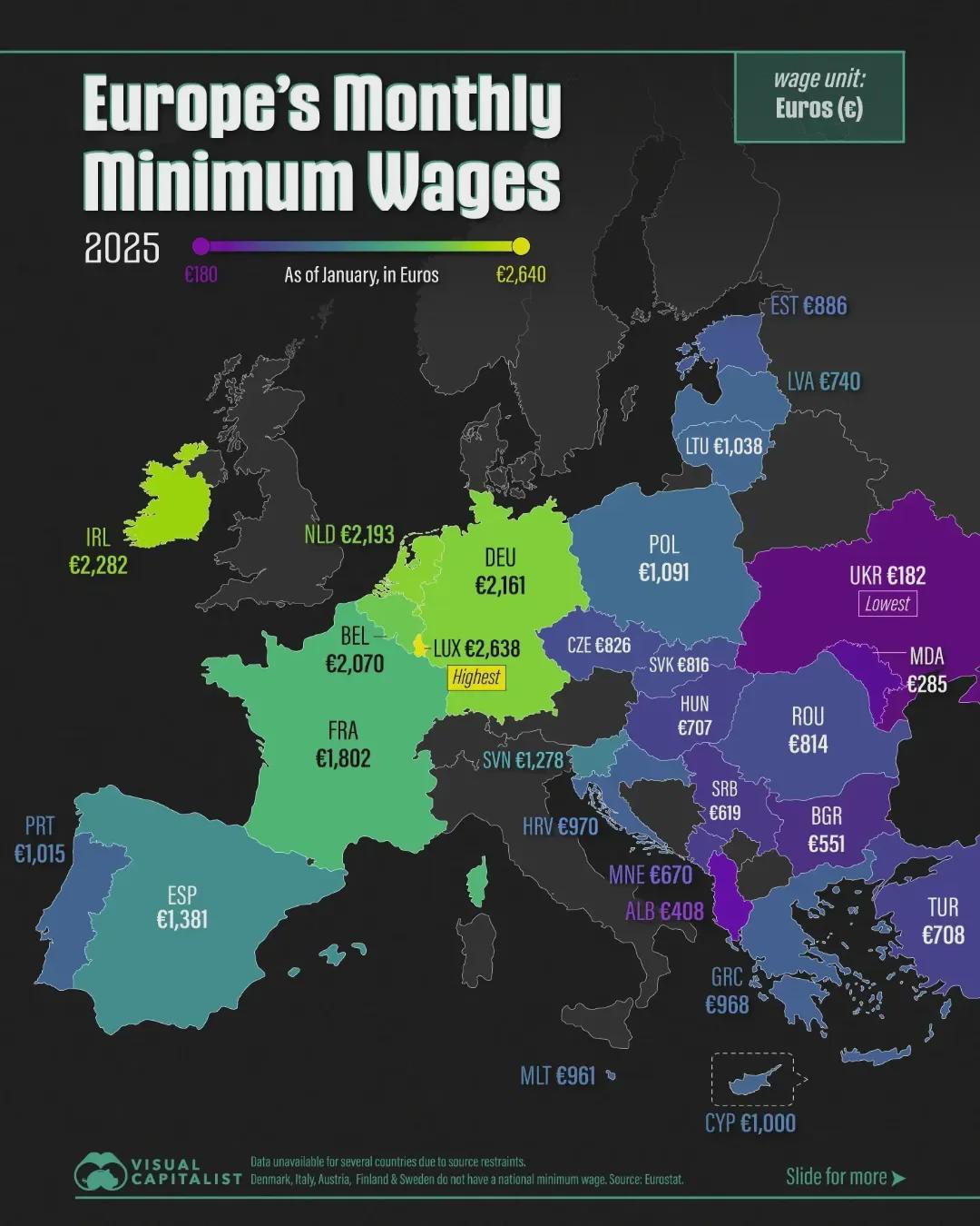 Mapa minimalnych płac (płaca minimalna) w Europie, 2025