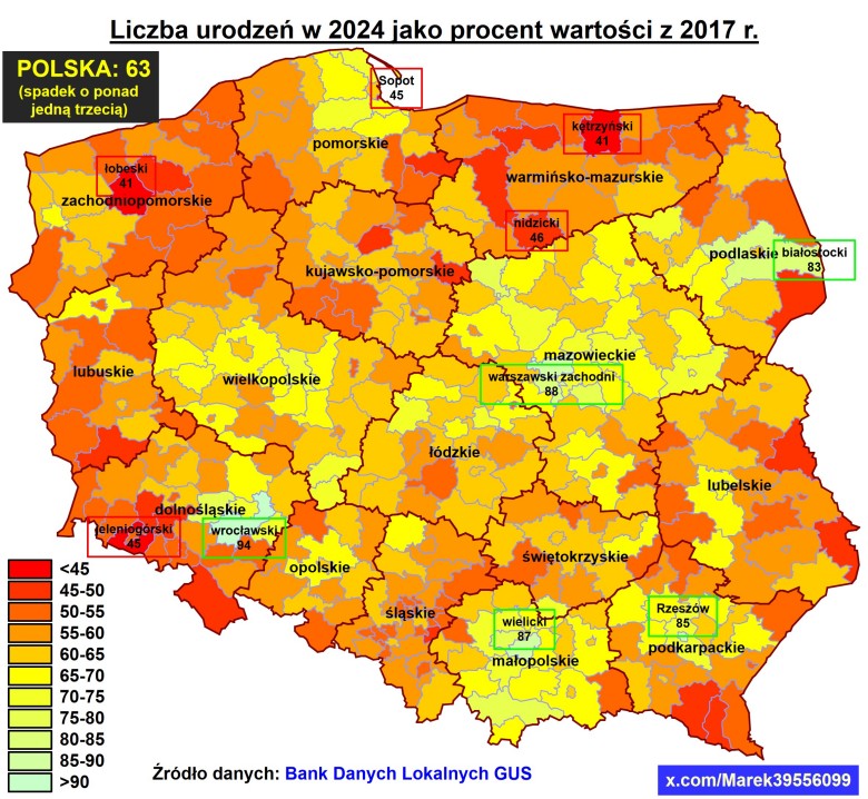 Współczynnik dzietności w Polsce z podziałem na powiaty, 2024 w odniesieniu do 2017