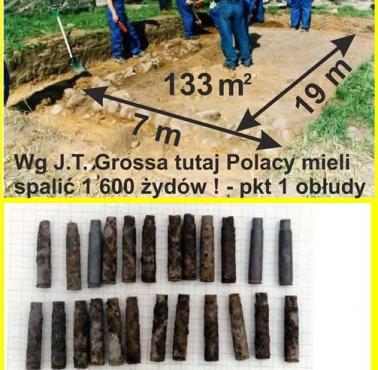 Rozmiar stodoły w Jedwabnem, w której Niemcy zastrzelili i spalili Żydów. Zdjęcie łusek znalezionych na miejscu, Holocaust