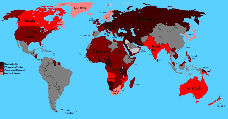 Mapa świata przedstawiająca ofiary śmiertelne I wojny światowej