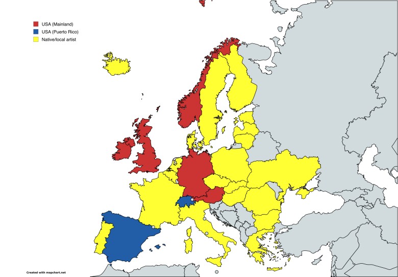 Obywatelstwo artystów najczęściej odtwarzanych w streamingu w poszczególnych krajach europejskich (dominacja kulturalna), 2025