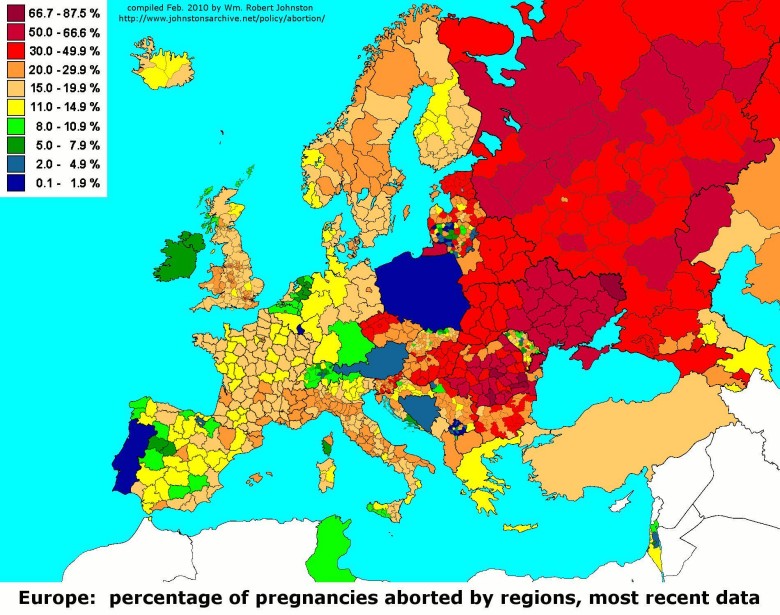 Odsetek aborcji w Europie według regionów, 2010
