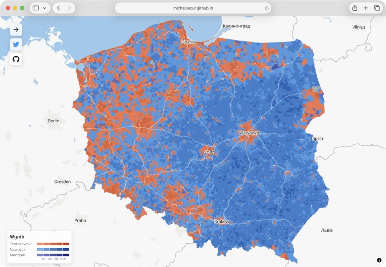 Szczegółowa mapa ostatnich wyborów prezydenckich w Polsce w 2025 r. 50,89% vs 49,11%, Nawrocki vs Trzaskowski
