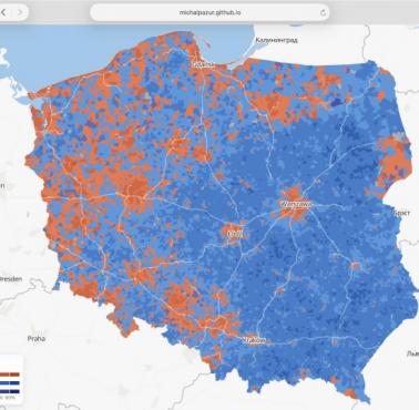 Szczegółowa mapa ostatnich wyborów prezydenckich w Polsce w 2025 r. 50,89% vs 49,11%, Nawrocki vs Trzaskowski