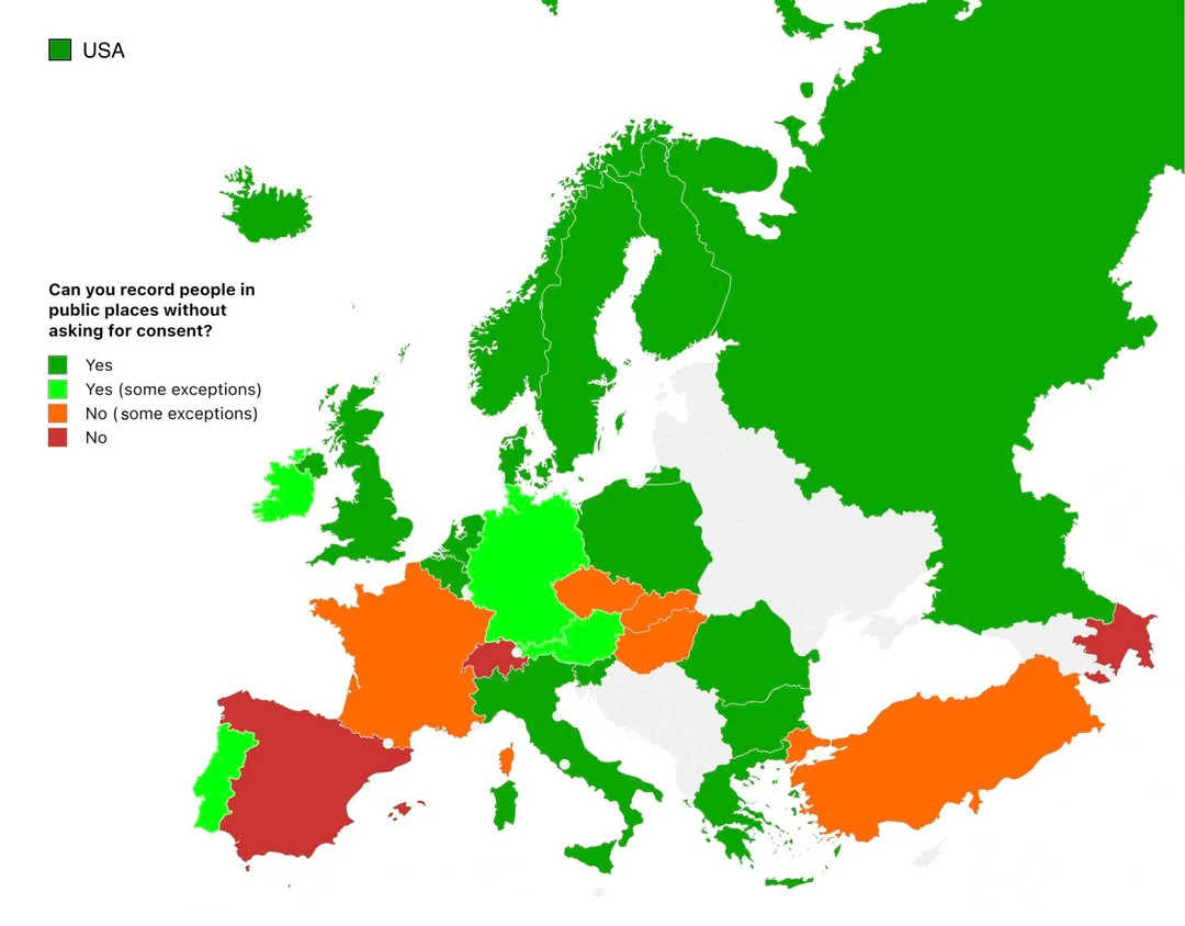 Legalność nagrywania osób w miejscach publicznych w Europie, prawdopodobnie w 2025 roku