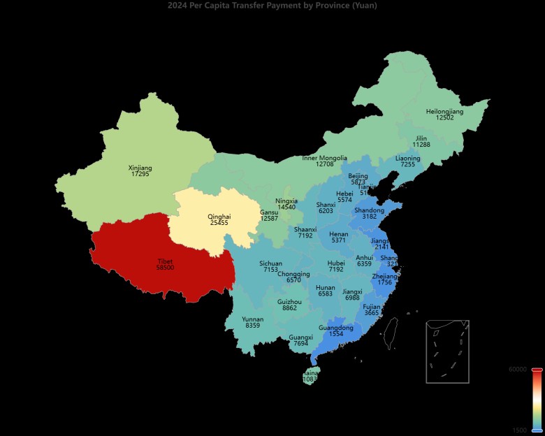 Transfery pieniężne otrzymane przez prowincje Chin kontynentalnych w 2024 r. (na mieszkańca)