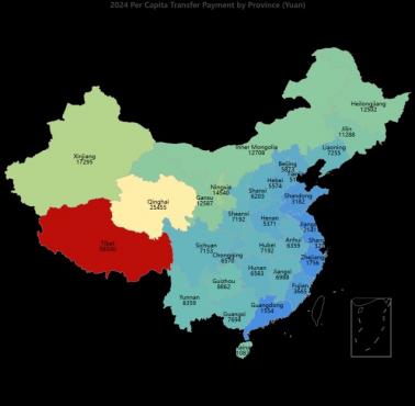 Transfery pieniężne otrzymane przez prowincje Chin kontynentalnych w 2024 r. (na mieszkańca)