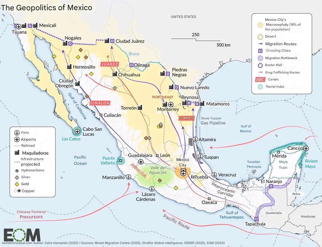 Mapa Meksyku z naniesionymi miasta, portami, elektrowniami, zasobami, trasami przerzutów emigrantów, narkotyków, 2025