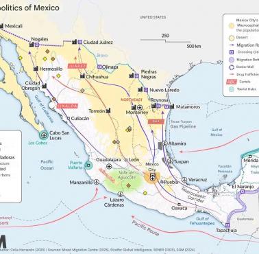 Mapa Meksyku z naniesionymi miasta, portami, elektrowniami, zasobami, trasami przerzutów emigrantów, narkotyków, 2025