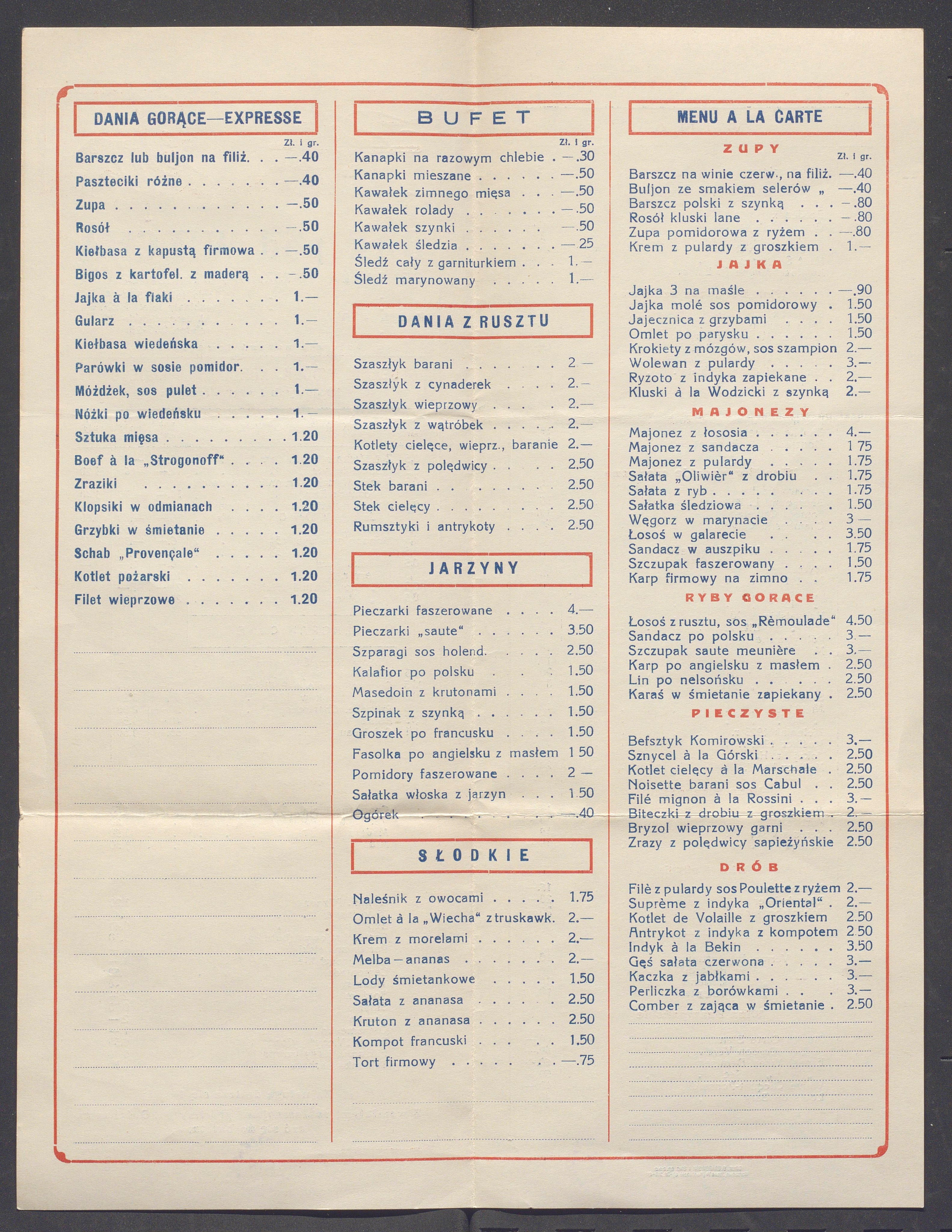 Menu Baru pod Wiechą Centrala Warszawa, Sienkiewicza 12, 1933