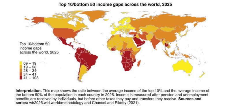 Jaki odsetek bogactwa należy do 10 proc. mieszańców w poszczególnych krajach, World Inequality Reports, 2025