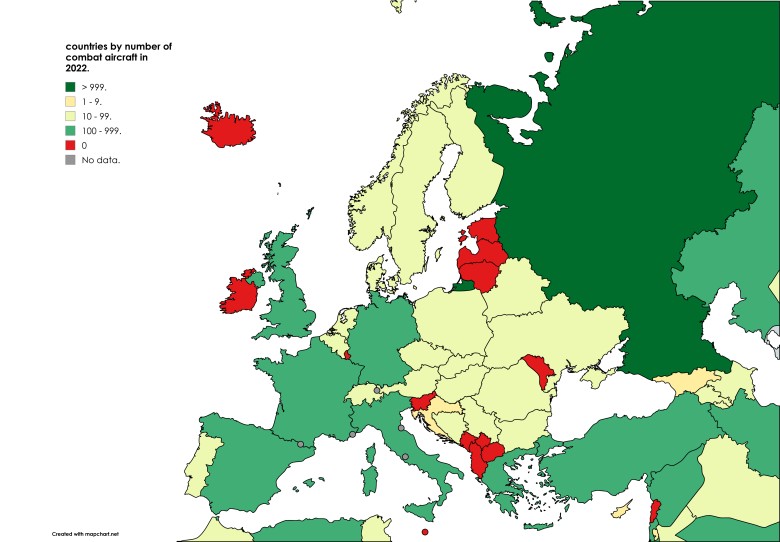 Mapa krajów według liczby samolotów bojowych w 2022 r.