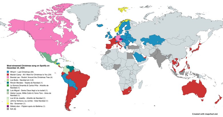 Najczęściej odtwarzana piosenka świąteczna w serwisie Spotify według krajów w dniu 24 grudnia 2025 r.