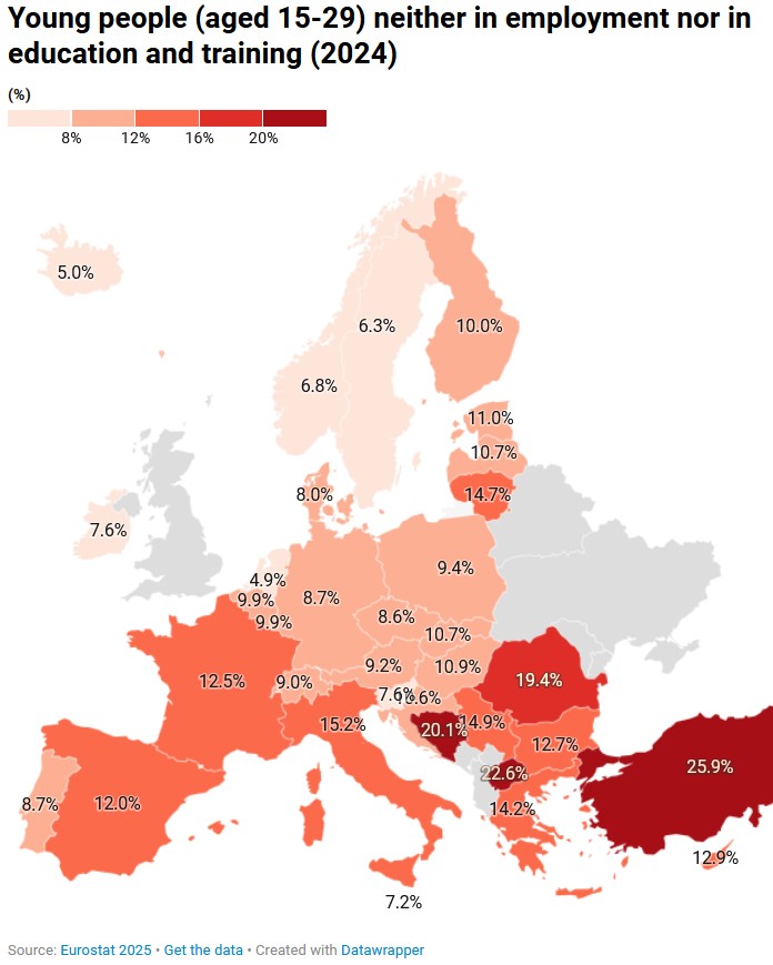 Odsetek młodych ludzi, którzy nie pracują, nie uczą się ani nie szkolą się w krajach europejskich, 2024 r. (Eurostat)