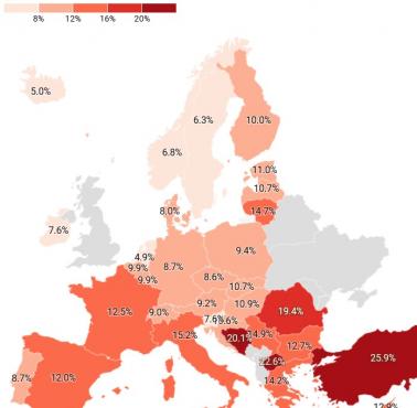Odsetek młodych ludzi, którzy nie pracują, nie uczą się ani nie szkolą się w krajach europejskich, 2024 r. (Eurostat)