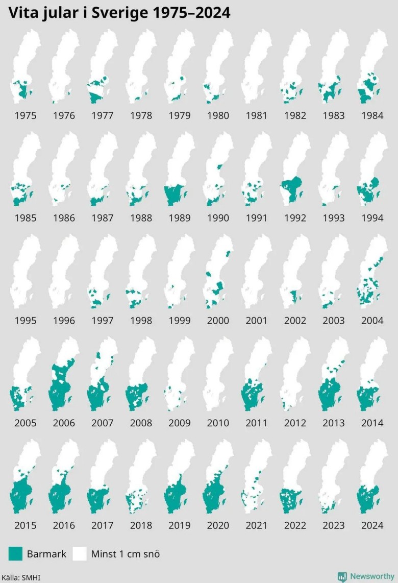 Obszary Szwecji, w których od 1975 roku występowały białe święta Bożego Narodzenia