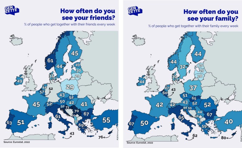 Jak często Europejczycy spotykają się z rodziną i przyjaciółmi? (odsetek osób, które spotykają się z nimi co tydzień) , 2022
