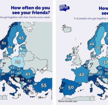 Jak często Europejczycy spotykają się z rodziną i przyjaciółmi? (odsetek osób, które spotykają się z nimi co tydzień) , 2022