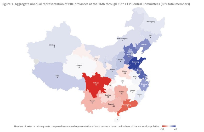 Reprezentacja chińskich regionów wśród członków KC KPCh w tym stuleciu w stosunku do liczby ludności tych regionów