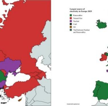 Największe źródło wytwarzania energii elektrycznej w krajach europejskich w 2025 r. w porównaniu z 2015 r.