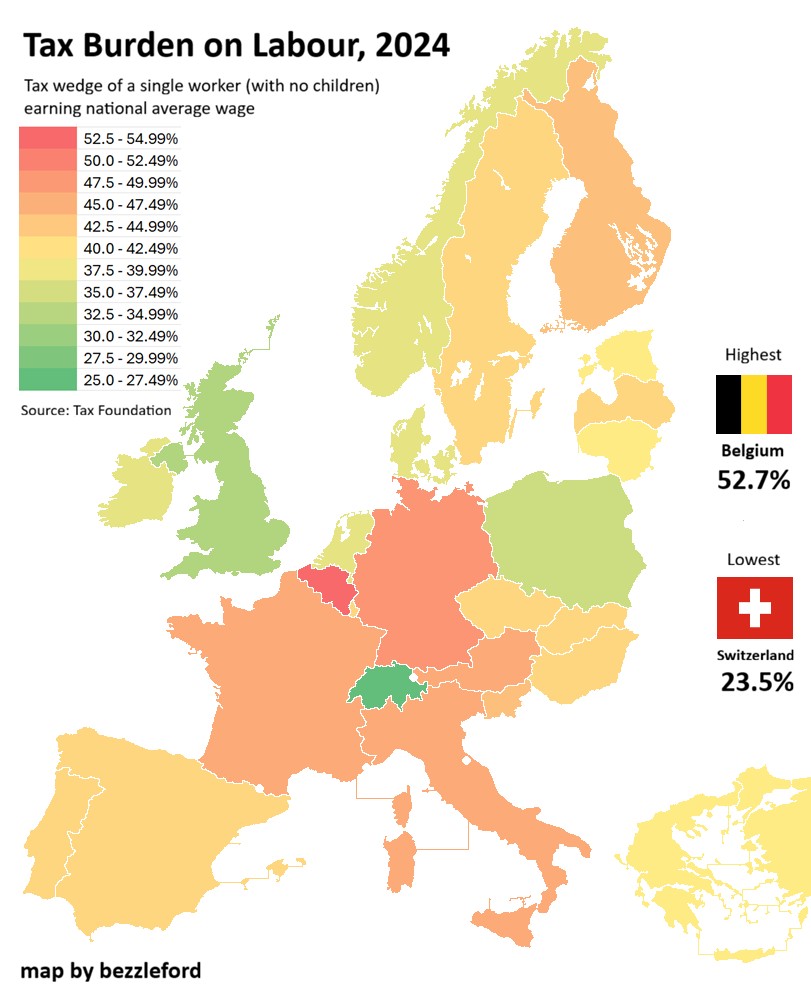 Obciążenia podatkowe w Europie (proc podatku od przeciętnego pojedynczego dochodu), 2024 r.
