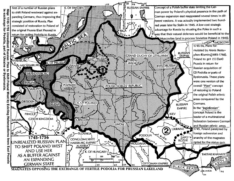 1745-55 Rosyjski plan przekazania Polsce Prus Wschodnich w zamian za Ukrainę zachodnią (Podole)
