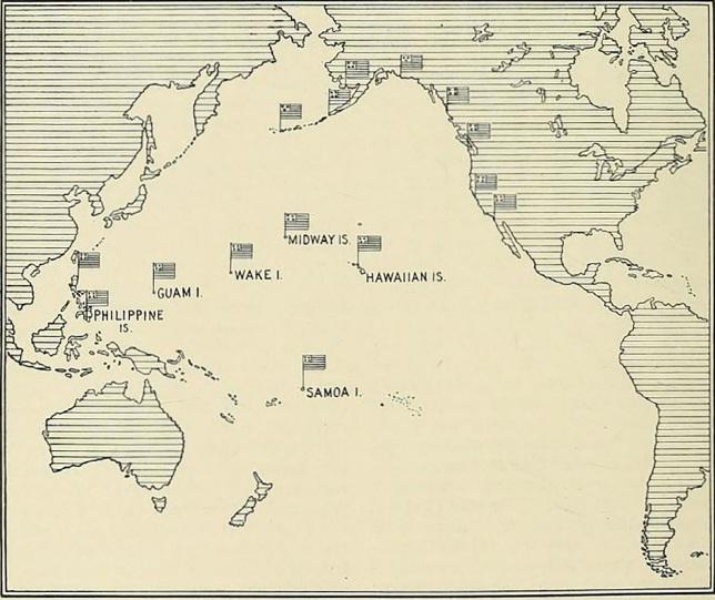 Mapa ekspansji USA do 1902 roku. Mapa podbojów np. Filipiny, przejęcie kontroli  Hawaje, bazy zamorskie