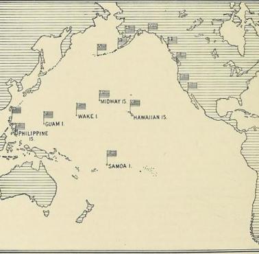 Mapa ekspansji USA do 1902 roku. Mapa podbojów np. Filipiny, przejęcie kontroli  Hawaje, bazy zamorskie