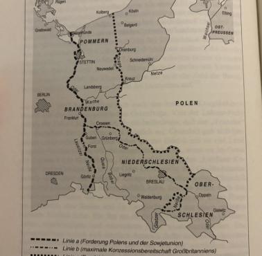 Trzy propozycje polskiej granicy zachodniej  w Jałcie, od lewej: sowiecka, brytyjska, amerykańska