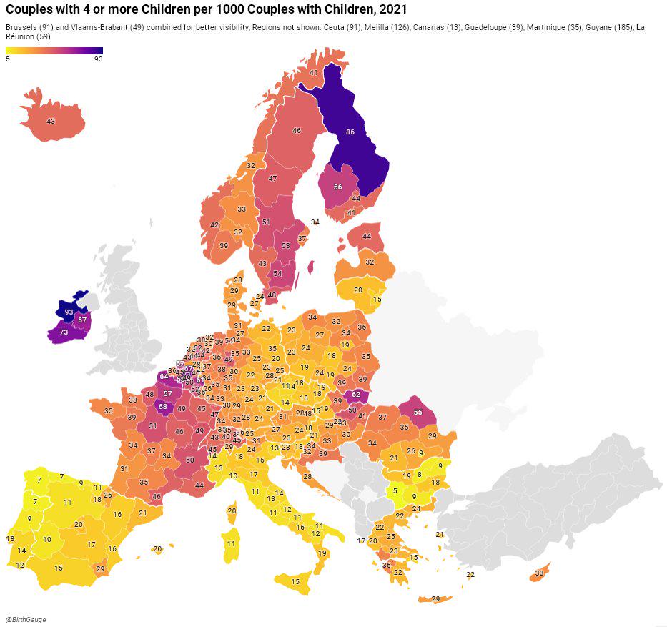 Geografia rodzin wielodzietnych (4 lub więcej dzieci na parę na 1000) w całej Unii, Europie, 2021