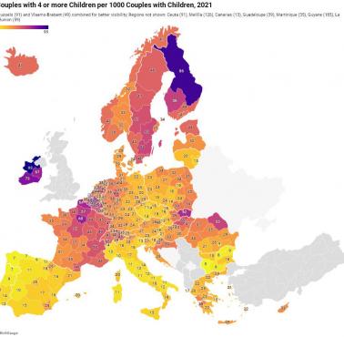 Geografia rodzin wielodzietnych (4 lub więcej dzieci na parę na 1000) w całej Unii, Europie, 2021
