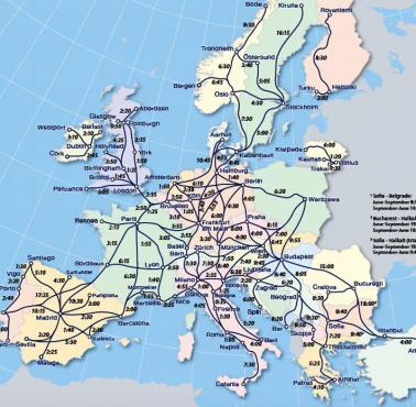 Czas podróży na kilku trasach kolejowych w Europie, prawdopodobnie dane z 2025