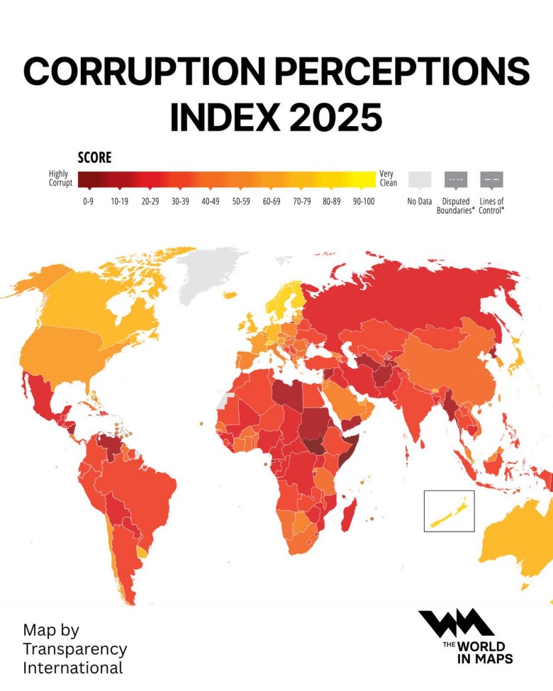 Najbardziej skorumpowane kraje świata wymienione w indeksie Transparency International na rok 2025