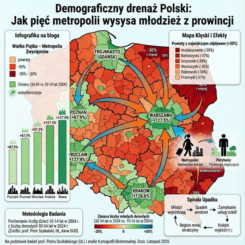 Demograficzny drenaż Polski (bez uwzlędnienia drenażu Zachodu), które obszary dostarczają ludzi do miast i metropolii?, 2025