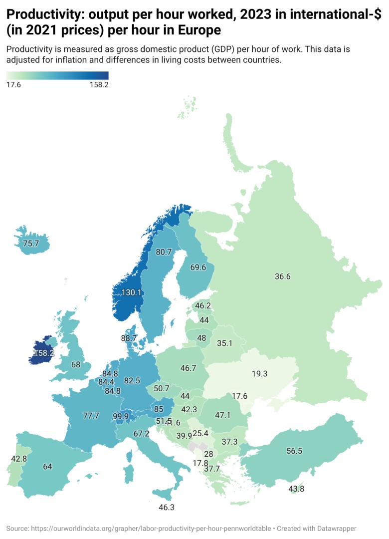 Produktywność: wydajność na godzinę pracy, 2023 r. w dolarach międzynarodowych (w cenach z 2021 r.) na godzinę w Europie