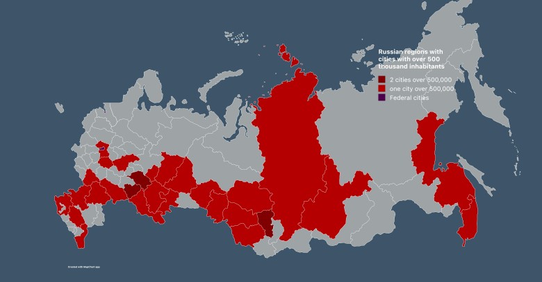 Regiony Rosji, w których mieszkają miasta liczące ponad 0,5 miliona mieszkańców