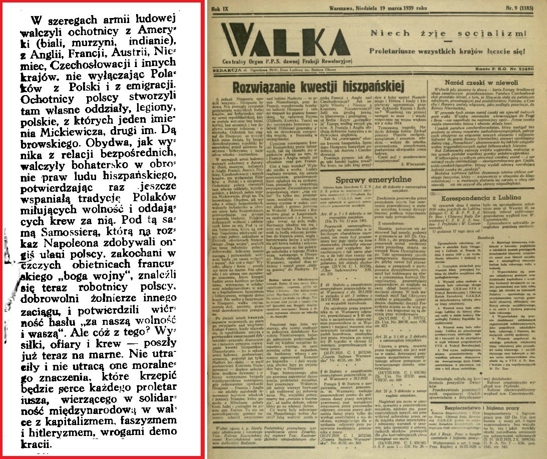 Propiłsudczykowska frakcja PPS, pismo Walka, oddaje hołd polskim ochotnikom biorących udział w wojnie w Hiszpanii