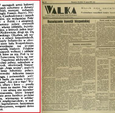 Propiłsudczykowska frakcja PPS, pismo "Walka", oddaje hołd polskim ochotnikom biorących udział w wojnie w Hiszpanii