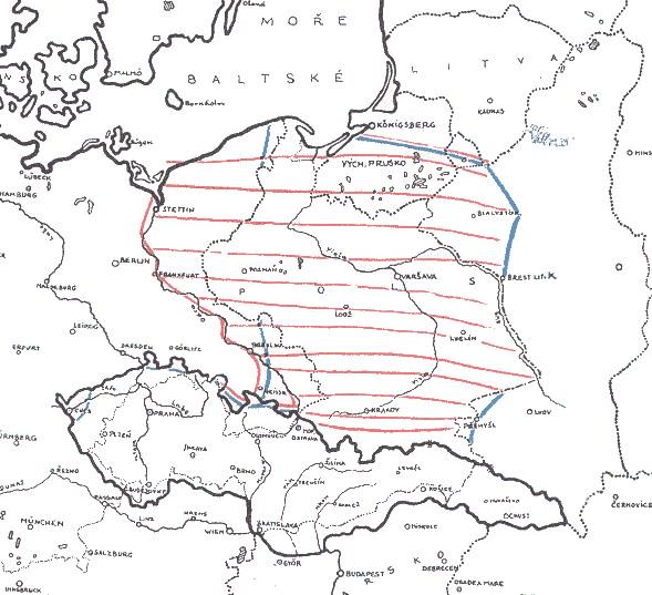 Granice w Europie Środkowej po II wojnie proponowane przez prezydentów Czechosłowacji (niebieski) i ZSRR (czerwony)