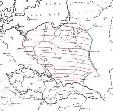 Granice w Europie Środkowej po II wojnie proponowane przez prezydentów Czechosłowacji (niebieski) i ZSRR (czerwony)