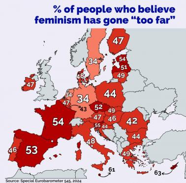 Odsetek osób uważających, że feminizm posunął się „za daleko”, Eurostat 2024