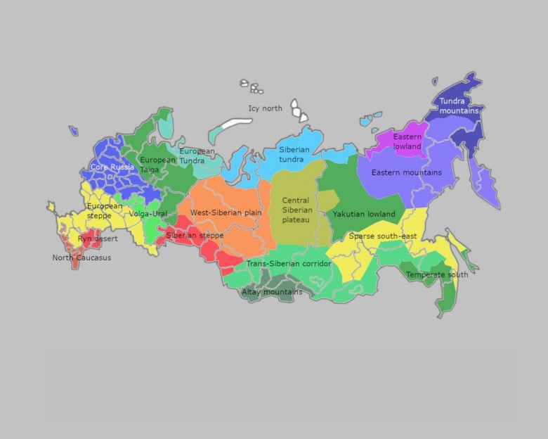 Podział Rosji uwzględniając strefy klimatyczne, gęstość zaludnienia, grupy etniczne i biomy