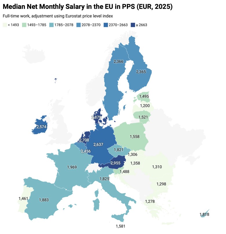 Mediana miesięcznego wynagrodzenia netto w UE w PPS (EUR, 2025)